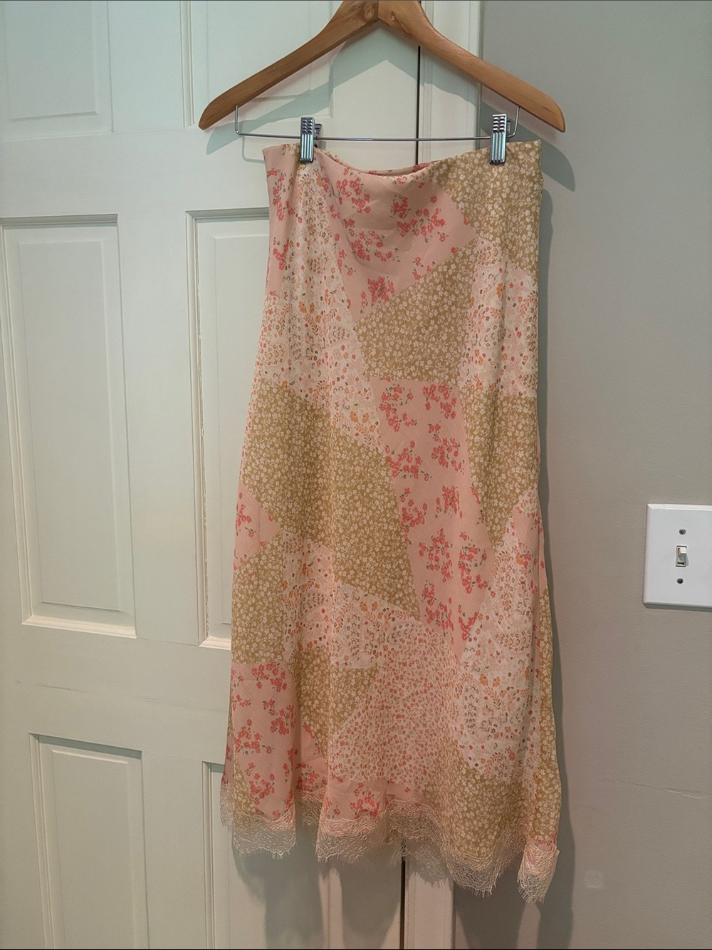 LOFT Pink & Tan Floral Patchwork Midi Skirt